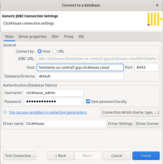 Set the hostname, port, user, password, and database name